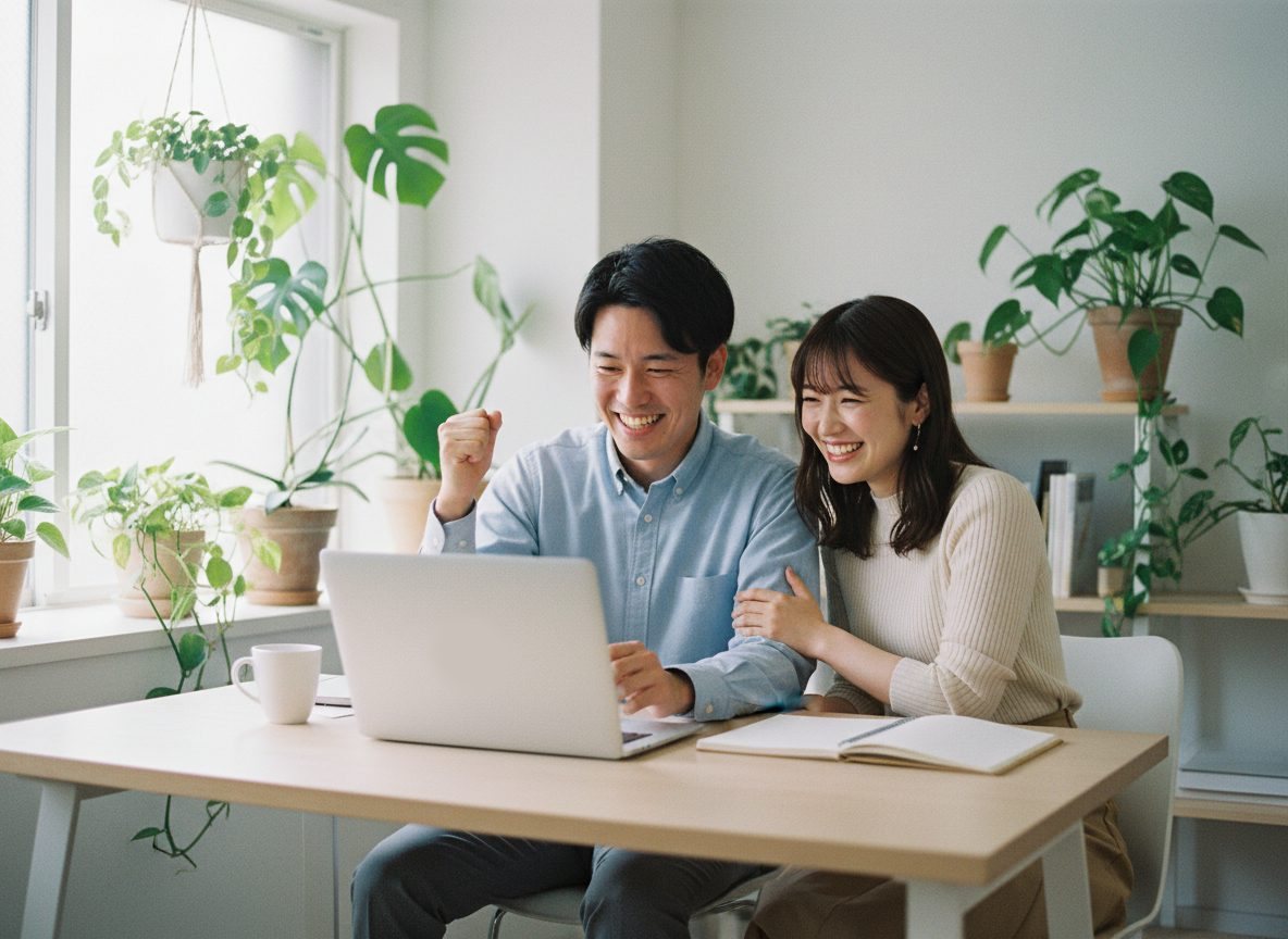 プロダクトを公開した瞬間、ノート PC の前で笑い合うふたり
