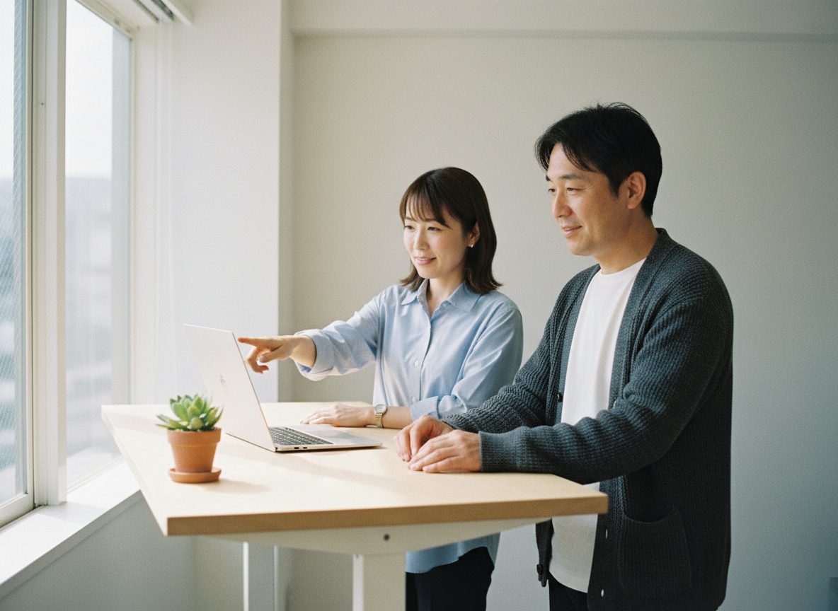小さなオフィスで、ノート PC の画面を指さして喜ぶふたり