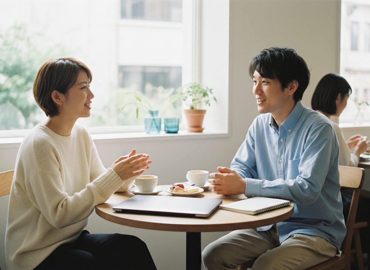 カフェの小さなテーブルで、ノート PC を挟んで話すふたり