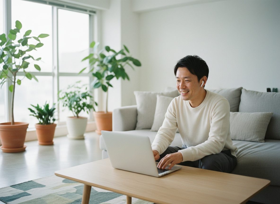 自宅でビデオ通話をしながら、うなずく人