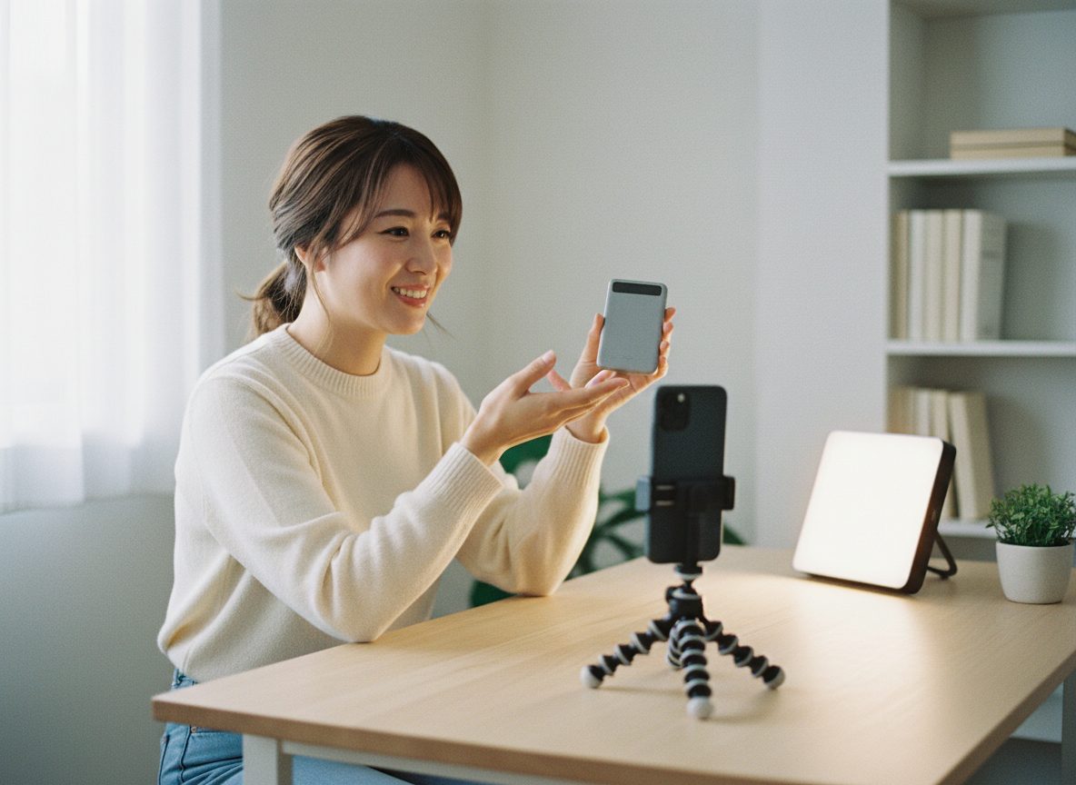 三脚のスマートフォンで、ガジェットの紹介動画を撮る人