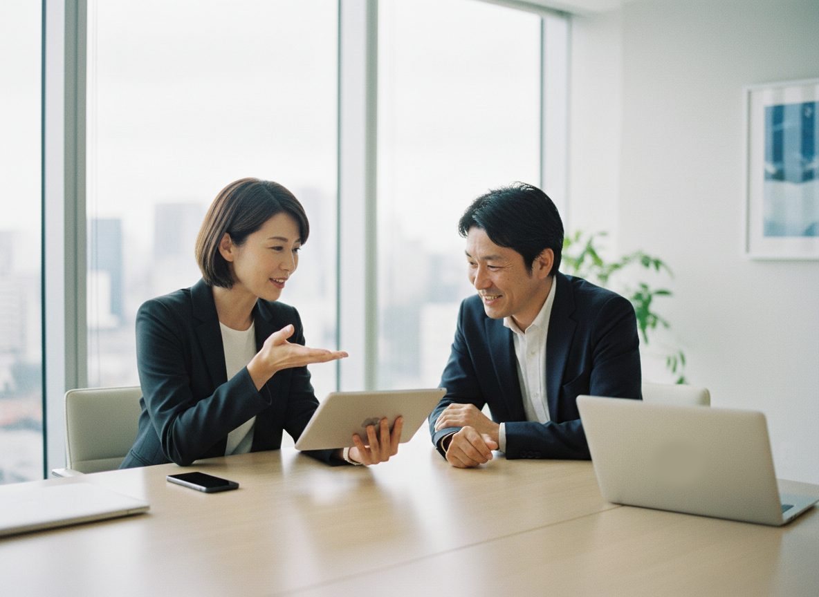 会議室で、タブレットを見せながら説明する人