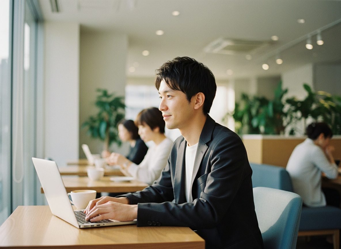 カフェの窓辺で、ノート PC で記事を書く人