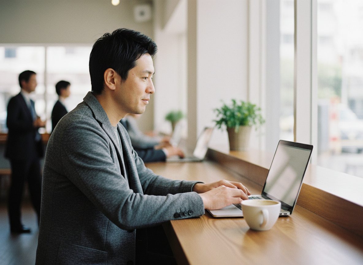 窓際のカウンターで、ノート PC で提案書を書く人