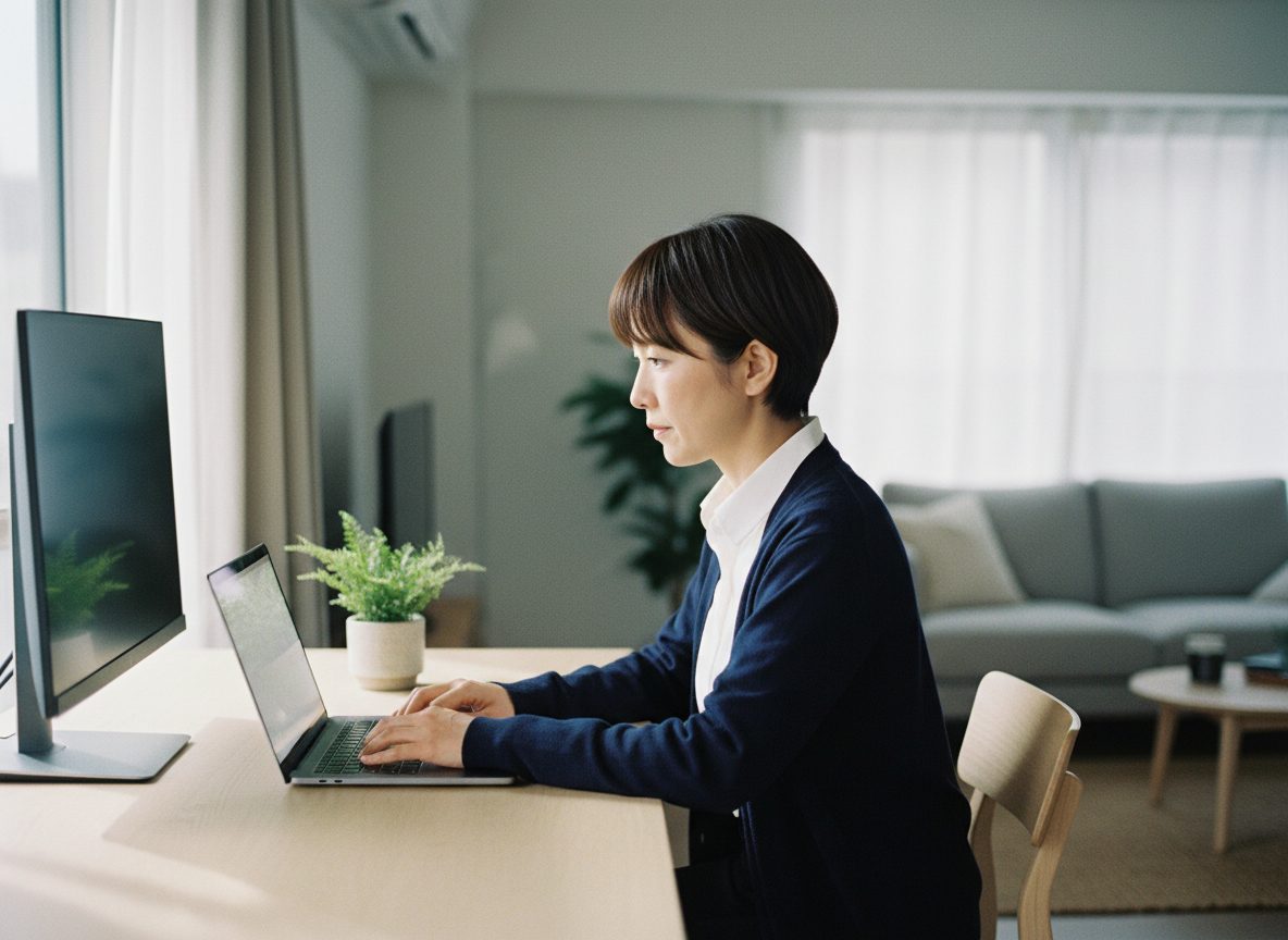 明るい部屋の机で、ノート PC でアプリを作る人