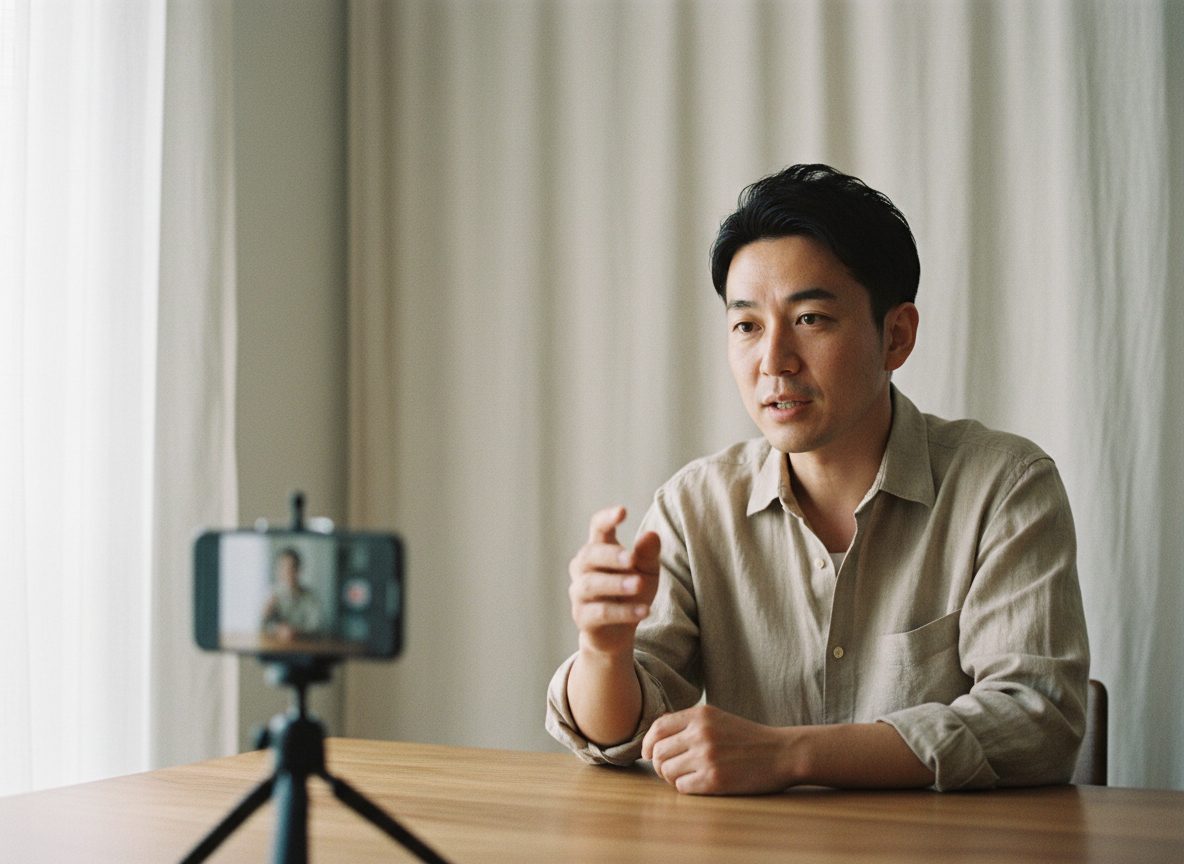 三脚に立てたスマートフォンに向かって、プロダクトを紹介する人