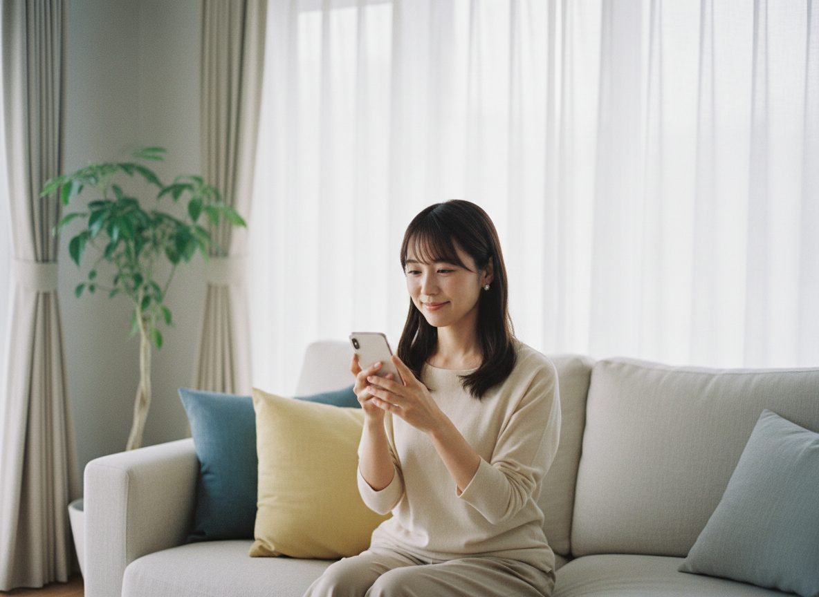 ソファで、落ち着いた表情でスマートフォンを見る人